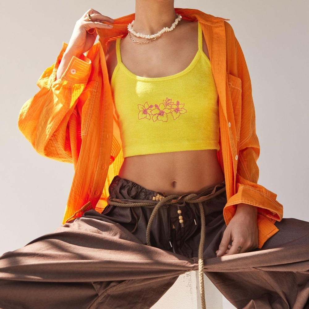 Urban Outfitters Tropical Terrycloth Embroidered Cami Yellow Crop Tank Hawaiian